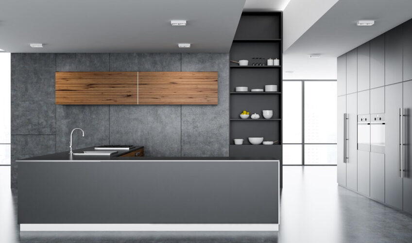 Modern kitchen with gray cabinets, wooden accents, open shelving, and a minimalist island featuring a sleek faucet.