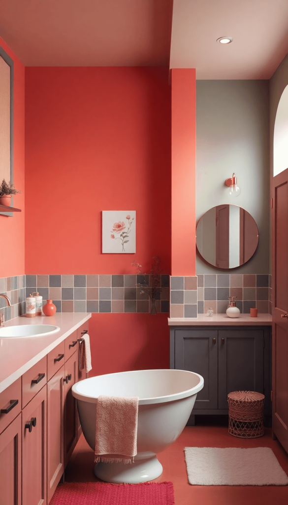 A cozy kitchen and bathroom featuring colorful paint swatches, stylish fixtures, and soft lighting, creating a tranquil atmosphere with a harmoniou...