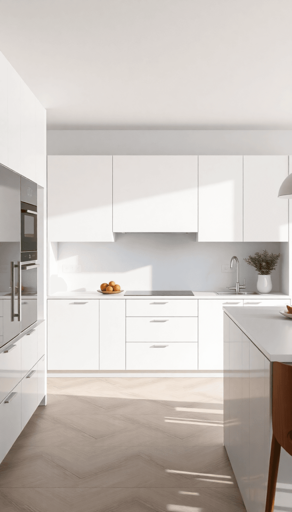A modern kitchen with sleek frameless cabinets in neutral tones, featuring a spacious layout and smooth lines, illuminated by natural light for a c...