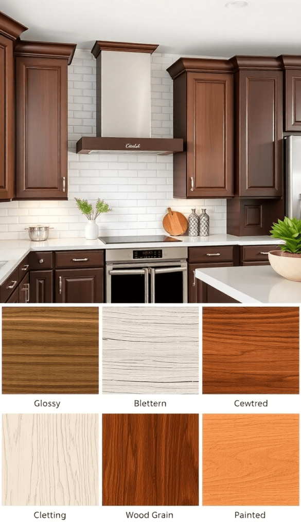 A beautifully arranged kitchen showcasing a mix of modern and traditional cabinet finishes, highlighting glossy, matte, wood grain, and painted tex...