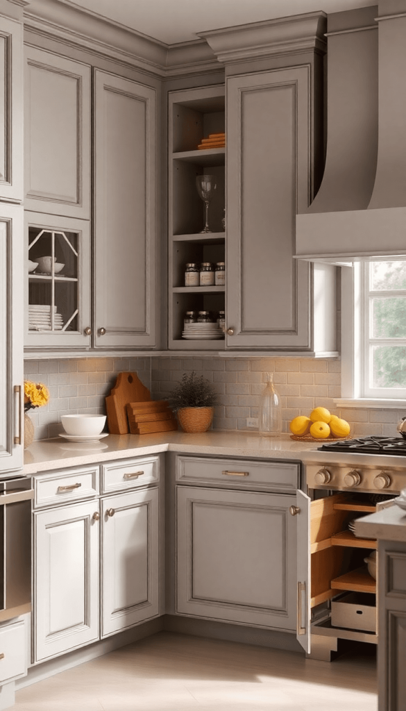 A beautifully designed kitchen with custom cabinetry, featuring pull-out spice racks and adjustable shelving in a warm, inviting atmosphere.