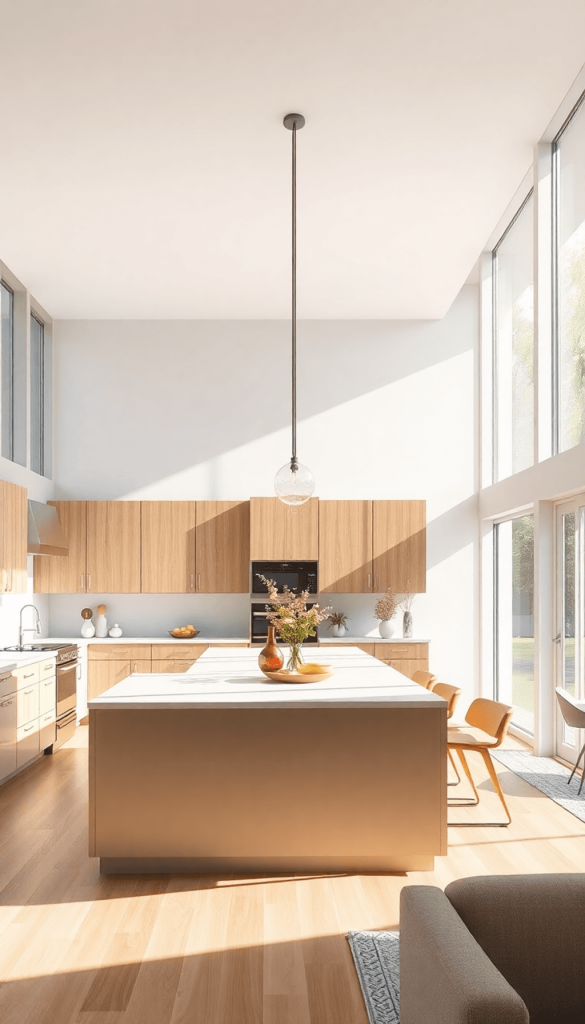A bright open-concept kitchen with large windows, modern cabinetry, and warm decor, seamlessly connecting to a dining area and living room, creatin...