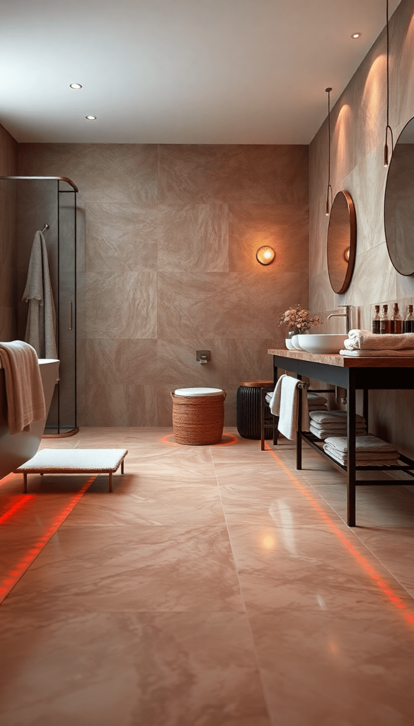 A cozy bathroom with heated floors, warm tones, plush towels, and elegant fixtures, creating an inviting and relaxing spa-like atmosphere.