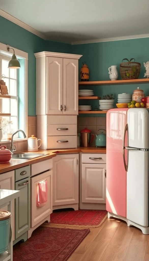 A cozy kitchen blending modern and vintage styles, featuring antique furniture, retro appliances, and a warm color scheme of muted pastels and bold...