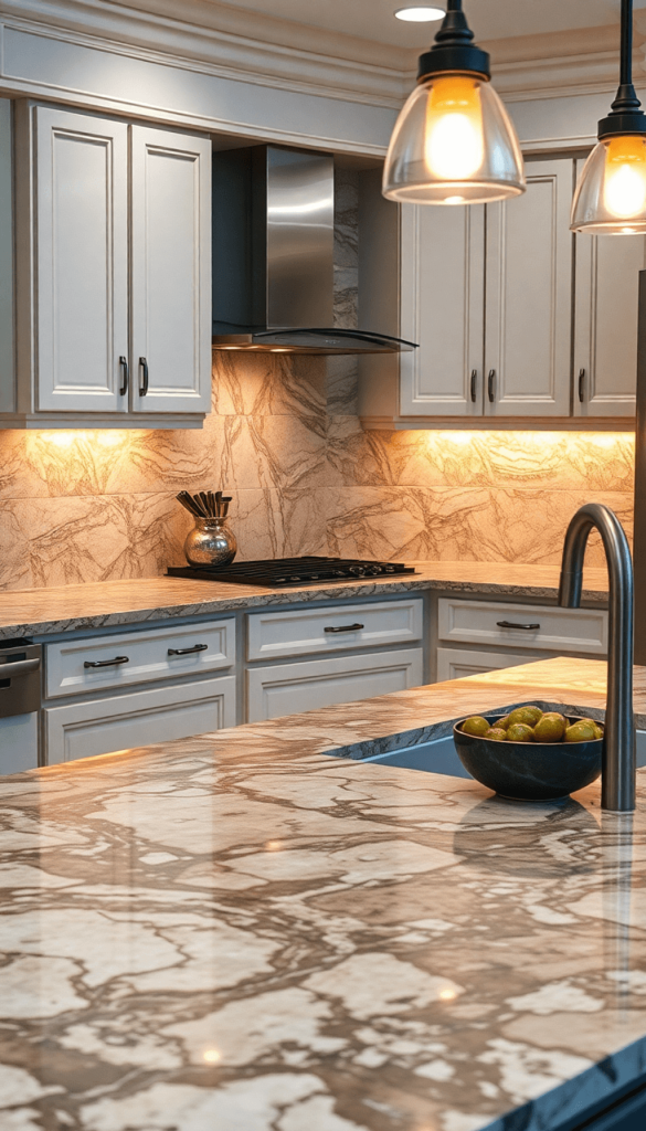 A cozy kitchen with elegant stone countertops, warm accent lighting illuminating unique patterns, creating an inviting atmosphere.