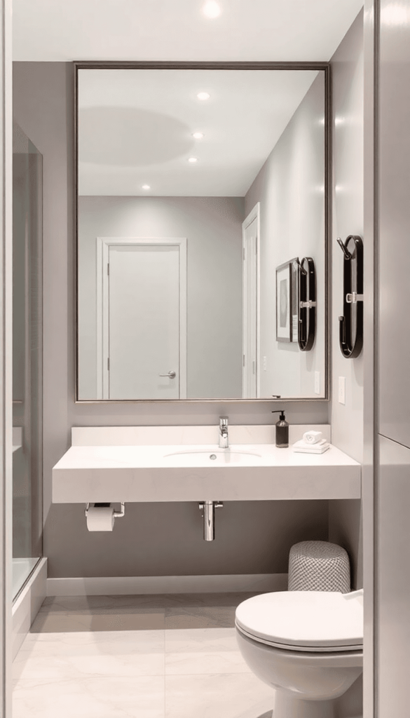 A modern bathroom with a large mirror, bright colors, and elegant fixtures, showcasing a stylish transformation of a small space into a functional ...