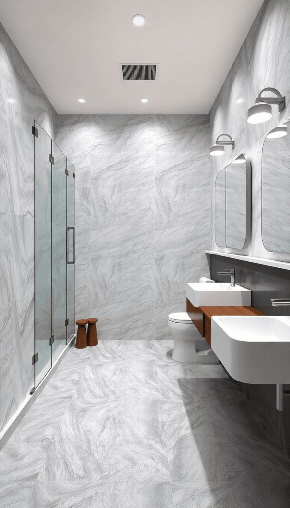 A modern bathroom with luxury vinyl flooring, sleek fixtures, and contemporary design, emphasizing cleanliness and durability in a well-lit space.