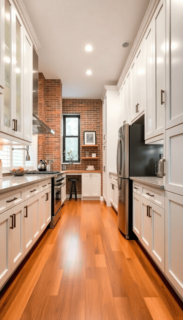A modern galley kitchen in a Philadelphia row home, featuring sleek cabinetry, vintage accents, exposed brick, and bright lighting, blending functi...