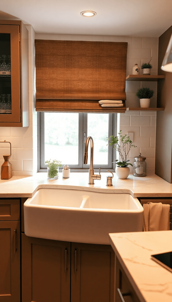A modern kitchen sink surrounded by elegant countertops and decor, showcasing a bright, inviting space with warm colors and a focus on both functio...