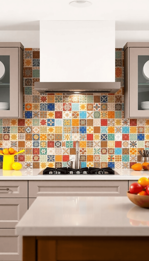 A modern kitchen with a vibrant, patterned tile backsplash as the focal point, set in a clean and inviting atmosphere.