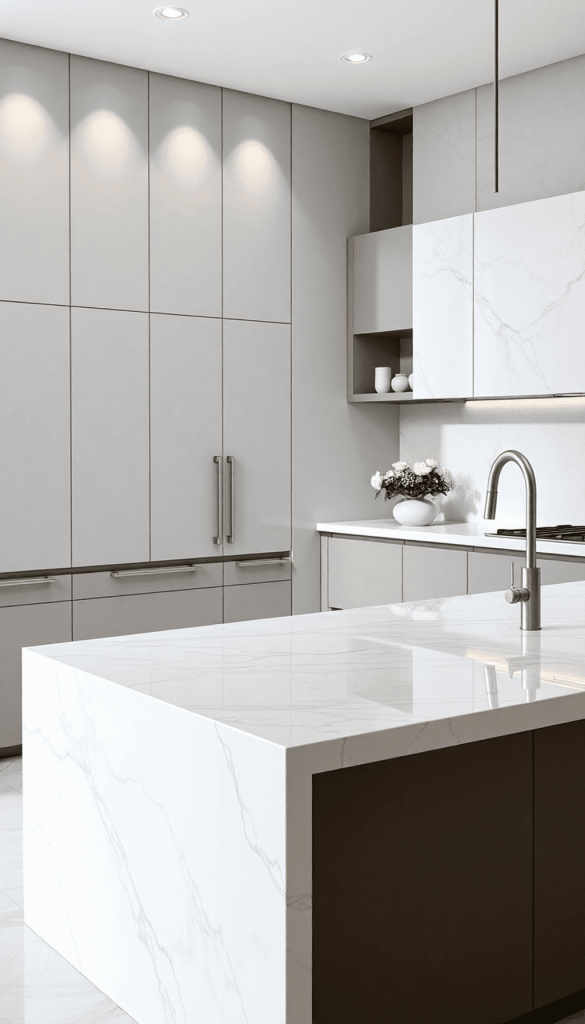 A modern kitchen with a waterfall edge marble countertop, seamlessly flowing down the sides of a minimalist island, reflecting light in a neutral c...