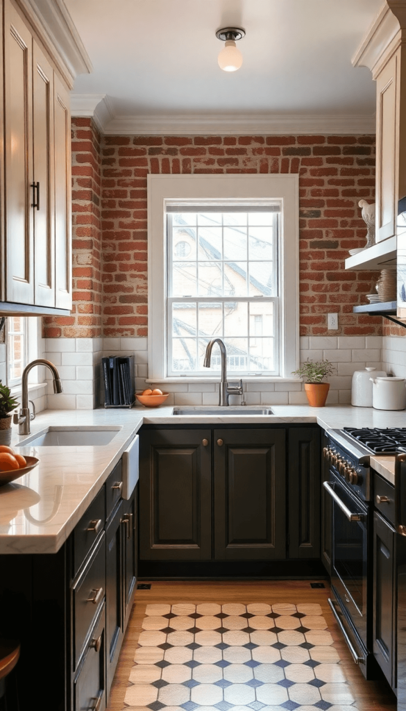 A remodeled kitchen showcasing vintage cabinetry, classic fixtures, and modern appliances, illuminated in a space with exposed brick and original m...