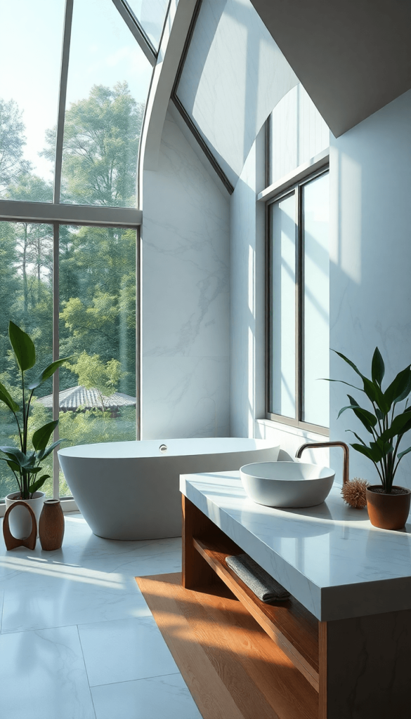 A serene bathroom with large windows, marble and wood finishes, soft blue and white colors, and decorative plants creating a tranquil atmosphere.