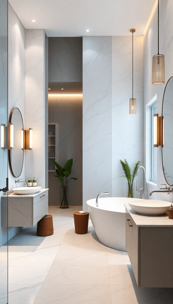 A spacious master bathroom featuring modern fixtures, elegant lighting, a luxurious bathtub, sleek countertops, and decorative plants for a spa-lik...
