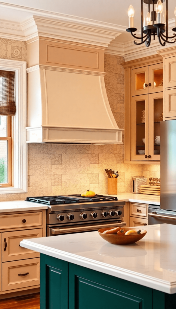 A stylish kitchen with modern cabinetry, historic cast iron radiators, ornate moldings, and warm colors, blending contemporary and traditional desi...