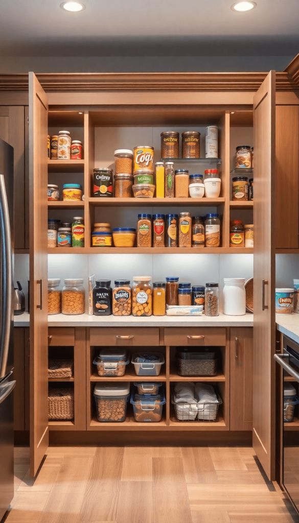 A well-organized kitchen pantry with neatly arranged shelves filled with food items and storage containers, featuring a warm color palette that emp...