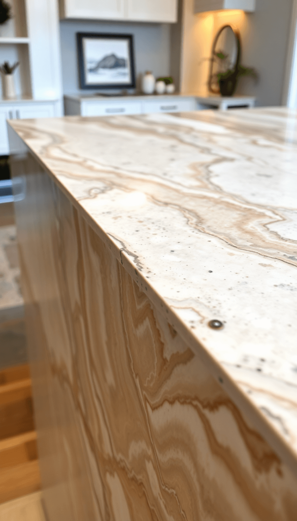Close-up of a polished quartzite slab with vibrant color variations and patterns, surrounded by modern home renovation elements, highlighting its b...
