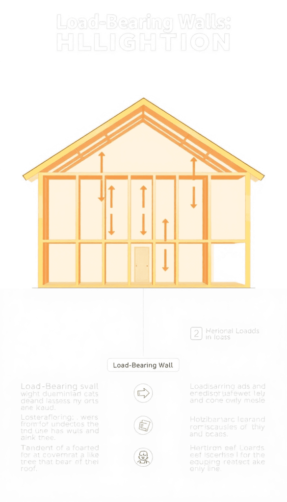 Illustration of a house cross-section showing load-bearing walls, roof, floors, and foundation with arrows for weight distribution, labeled for cla...